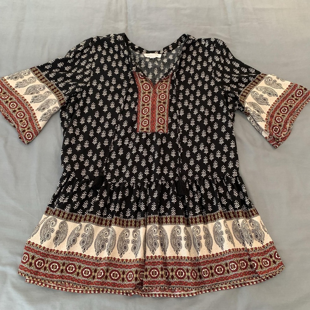 Beachlunchlounge Blouse Womens Medium Black Boho Floral Tassel V Neck Tunic Top